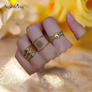 AqToCna Thép Không Gỉ Nữ Mở Nhẫn Mạ Vàng 18k Không Gây Dị Ứng Nhẫn Xanh Tinh Tế Có Thể Điều Chỉnh Ngón Tay Món Quà Trang Sức AqToCna