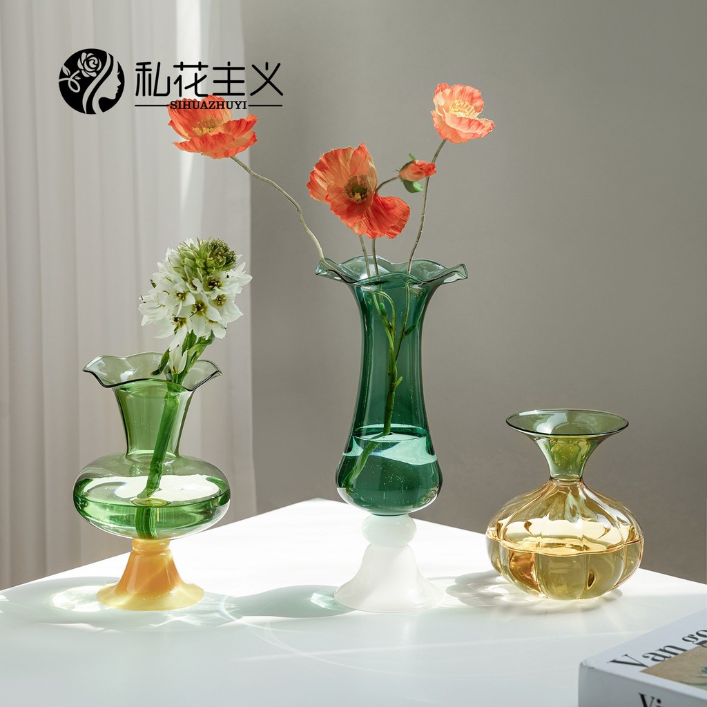 bình hoa thủy tinh màu xanh lá phong cách vintage pháp lọ hoa decor phòng khách sang trọng bình bông miệng bèo thiết kế cao cấp