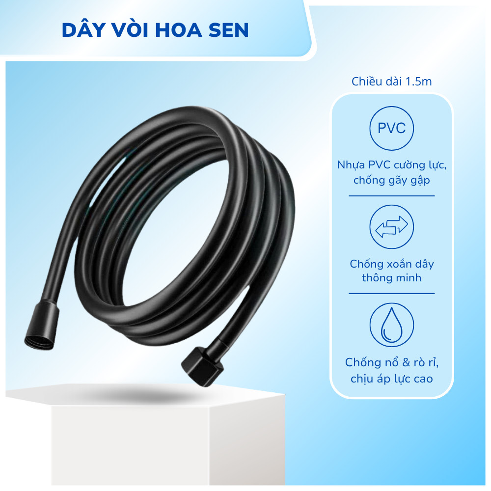 Dây Vòi Hoa Sen LUX "PVC 5 Lớp" Chống Nổ - Dây Sen Đen Nhám Chống Xoắn Cao Cấp, Chịu Lực Cao (1.5m)