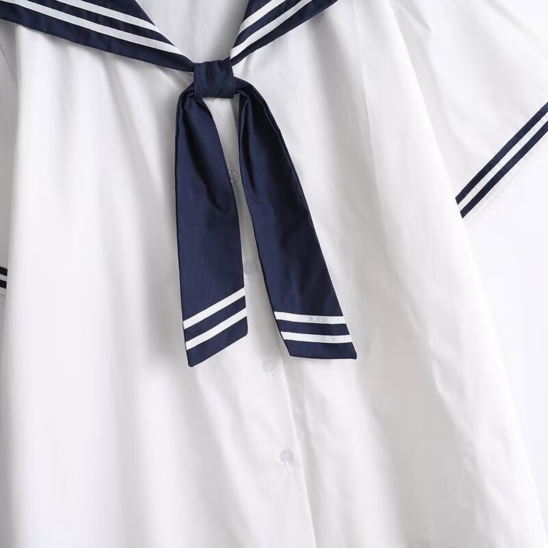 Áo sơ mi nữ Cotton Hàn Quốc, Dây buộc hải quân, Tay ngắn dáng rộng cho học sinh