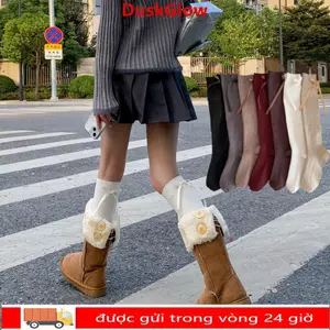 Ấm chân dệt kim DUKGLOW, Tất ruy băng nơ Lolita dày thoáng khí, Vớ bốt cao đến đầu gối ấm áp mùa đông màu trơn