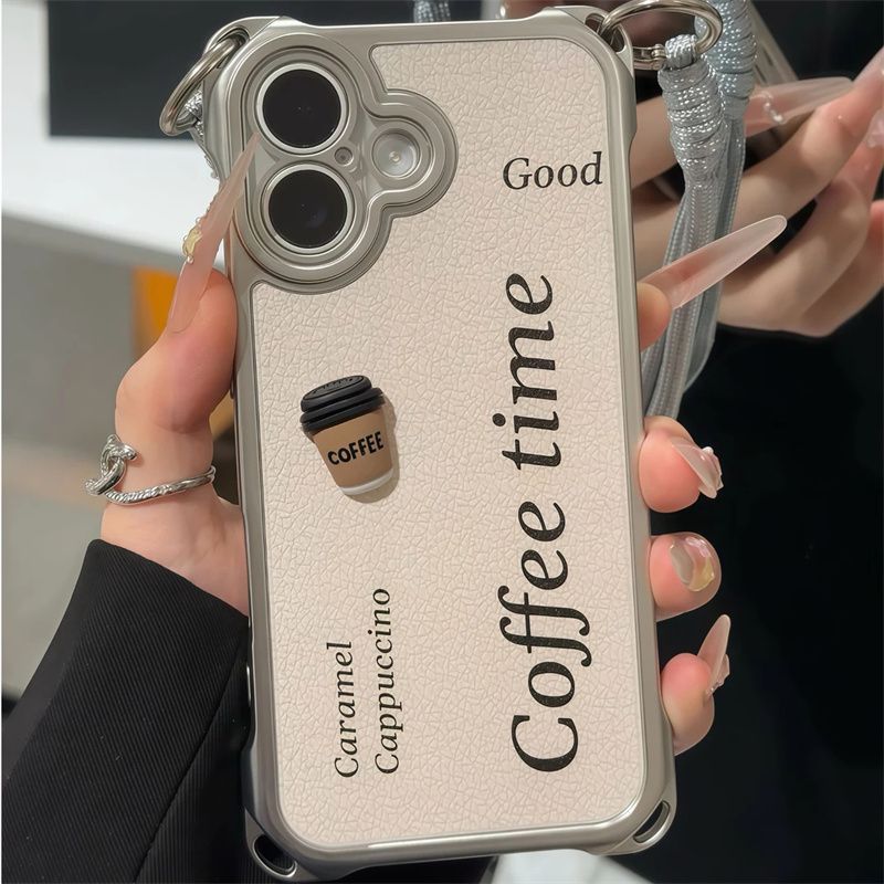Cà phê ba chiều phong cách Mỹ kiểu Anh Thích hợp cho vỏ iPhone 16promax 15 / 14 Vỏ dây buộc bốn dây 13PRO Bộ 5.8