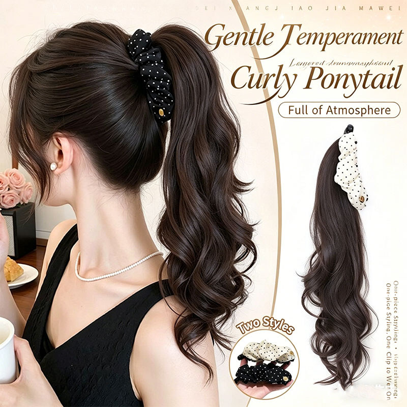Kẹp móng vuốt chấm bi mở rộng đuôi ngựa, Bộ tóc xoăn gợn sóng tự nhiên dành cho nữ, Đuôi ngựa giả dễ dàng kẹp để sử dụng hàng ngày
