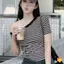 Mùa hè Retro Sọc Gợi Cảm Ngoài Vai Áo Thun Nữ Crop Top Mới