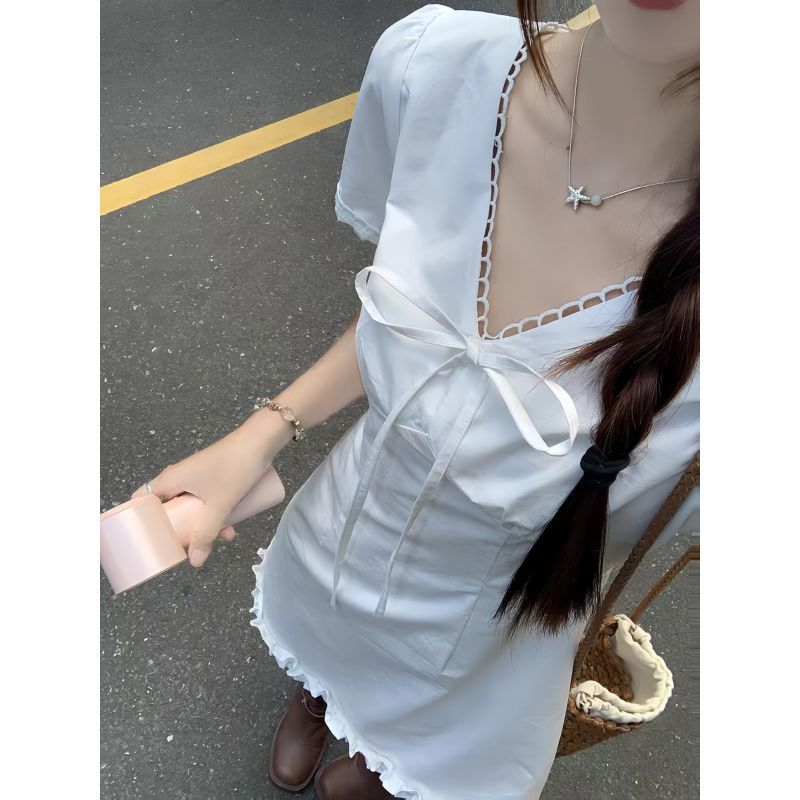 [Hàng mới về] Thắt nơ cổ chữ V phong cách Hàn Quốc Tay ngắn gọn dáng ôm hơn có ren trượt tuyết