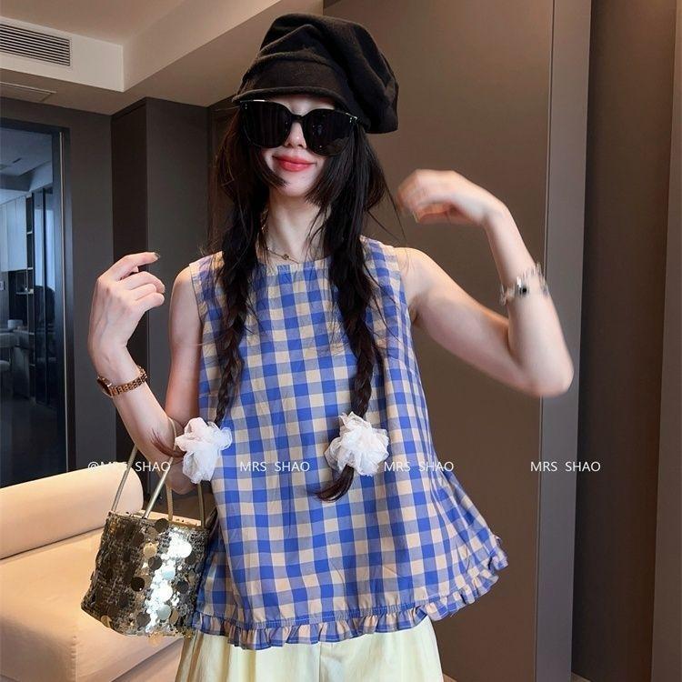 [Hàng mới về] Áo sơ mi không tay cổ tròn kẻ sọc phong cách phương Tây cổ điển dành cho nữ Mùa hè Phong cách mới dáng rộng thường ngày Agaric Edge Áo kẻ sọc xanh