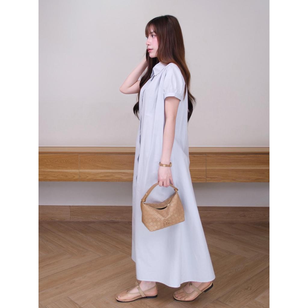 Đầm maxi Chililuu váy maxi dáng dài cổ sen tròn tay phối nơ thanh lịch phong cách Hàn Quốc kèm đai lưng