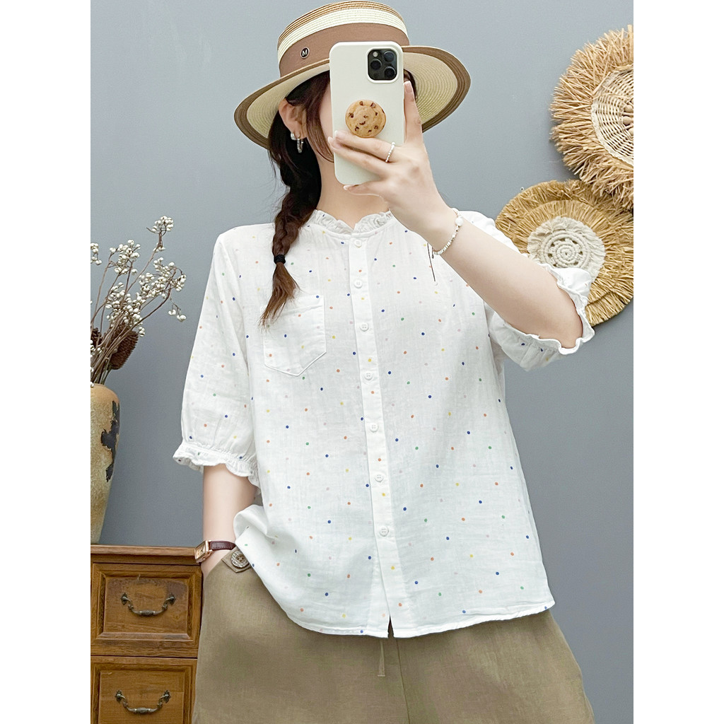 Áo sơ mi nữ cổ chấm bi tay vừa, vải cotton cao cấp, họa tiết chấm bi nhỏ kiểu Pháp