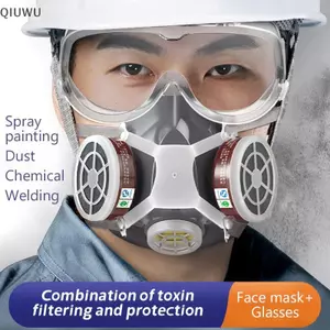 QIUWU Tranh Mặt nạ khí Mặt nạ phòng độc Bộ lọc than kép Công nghiệp hóa chất Thuốc trừ sâu Kính chống sương mù Mặt nạ bảo vệ.