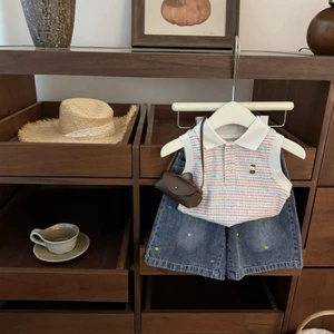 Bé Gái Hoạt Hình Mùa Hè kt Sọc Vest Sườn Xám Quần Jean Phù Hợp Với Thời Trang