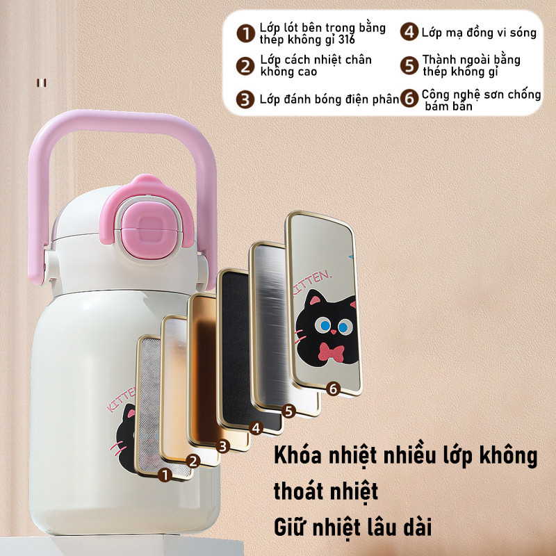 Bình Giữ Nhiệt Inox 316 Cho Bé 500ml - Mở Một Chạm, Quai Cầm An Toàn, Giữ Ấm Hiệu Quả