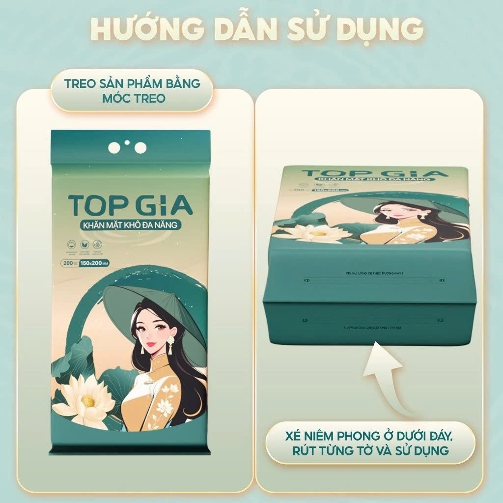 Khăn vải khô đa năng Top Gia, bịch 200 tờ Sắc Việt rút treo tường an toàn cho da tặng móc treo