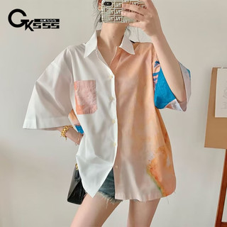 Áo sơ mi nam tay ngắn phong cách Hồng Kông, họa tiết tranh sơn dầu, thiết kế trung tính cao cấp