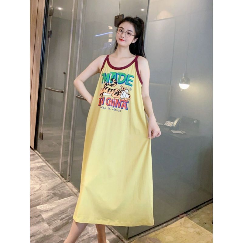 Không Tay Hoạt Hình Dễ Thương In Hình Sling Váy Ngủ Nữ Mùa Hè Rời Kích Thước Lớn Béo MM Mặc Bên Ngoài Over-the-Knee Loungewear