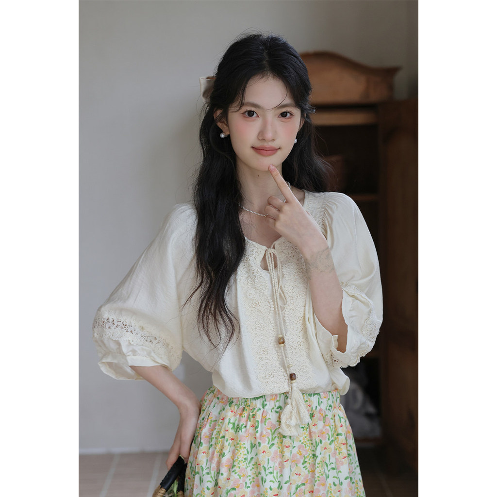 Mutu Áo Sơ Mi Retro Nghệ Thuật Ren Khâu, Phong Cách Mùa Hè, Thiết Kế Niche Top