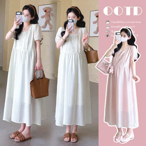 Váy bà bầu mùa hè đơn giản cổ tròn thời trang dài tay