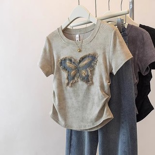 Niche Hơi Béo mm Plus Size Nữ Xuân Hè Mỏng Hơn Nhìn Ngọt Cay Top Áo Thun Tay Ngắn Miếng Dán Thêu Bướm e