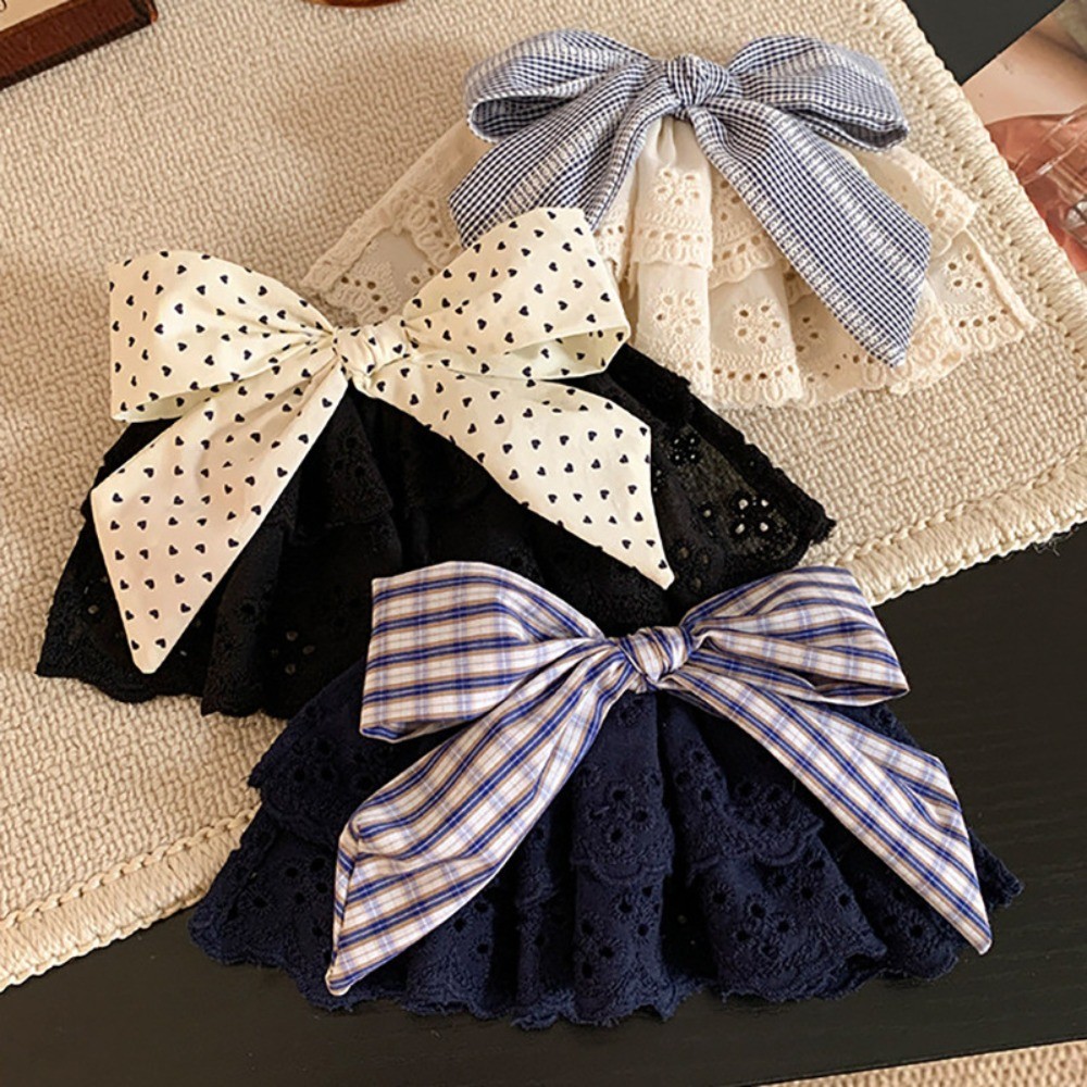 Váy ren kẹp tóc phong cách Hàn Quốc, màu xanh với nơ và lò xo cao cấp