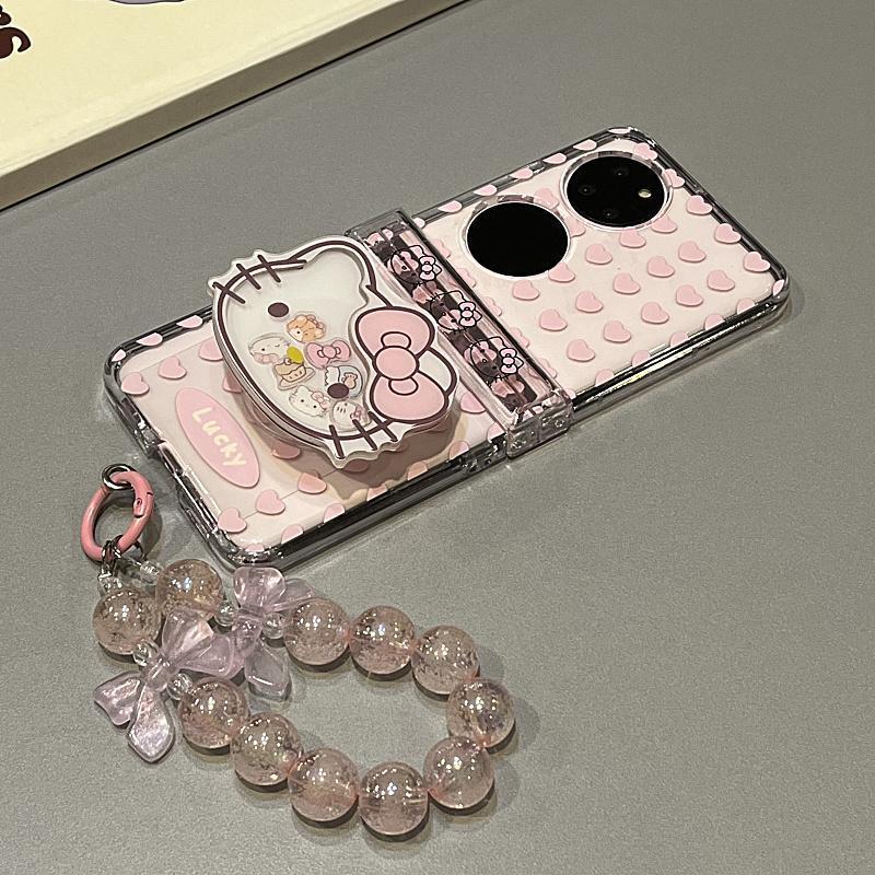 Samsung Galaxy ZFlip7 ZFlip6 Cô gái hoạt hình dễ thương “Love Love ” Shaker KT Cat Stand Chain Phone Case Tương thích với vỏ bảo vệ vỏ cứng có thể gập lại cho ZFlip 7 6 5 4 3 5G