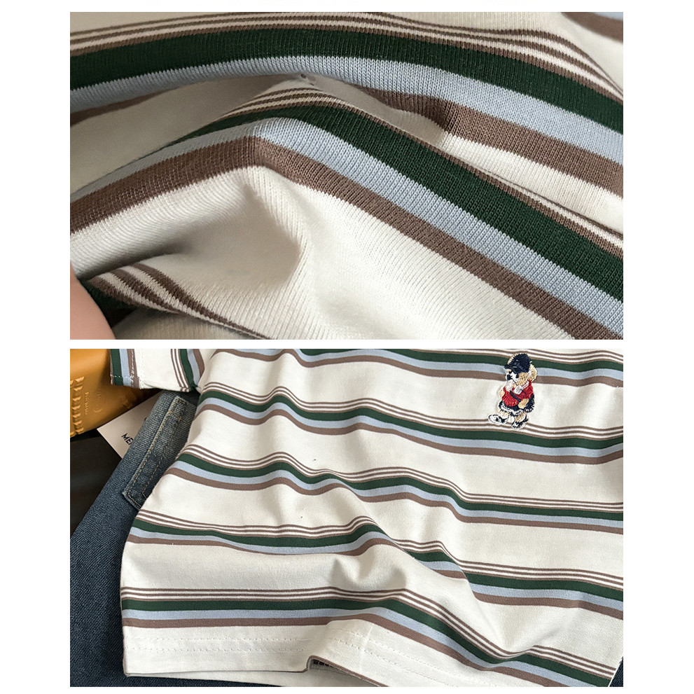 Thêu Retro Áo Thun Sọc Màu Tương Phản Ngắn Tay Top Trẻ Em Phong Cách Thời Trang 80-170 Size ZOUP