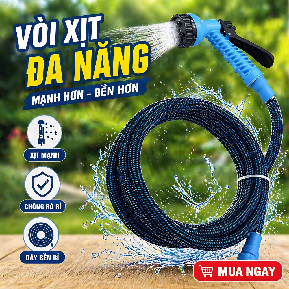Bộ Vòi Xịt Tăng Áp 7 Chế Độ, Dây Vòi Bọc Dù Siêu Bền, Tưới Cây Rửa Xe, Tay Cầm Phun Tự Động