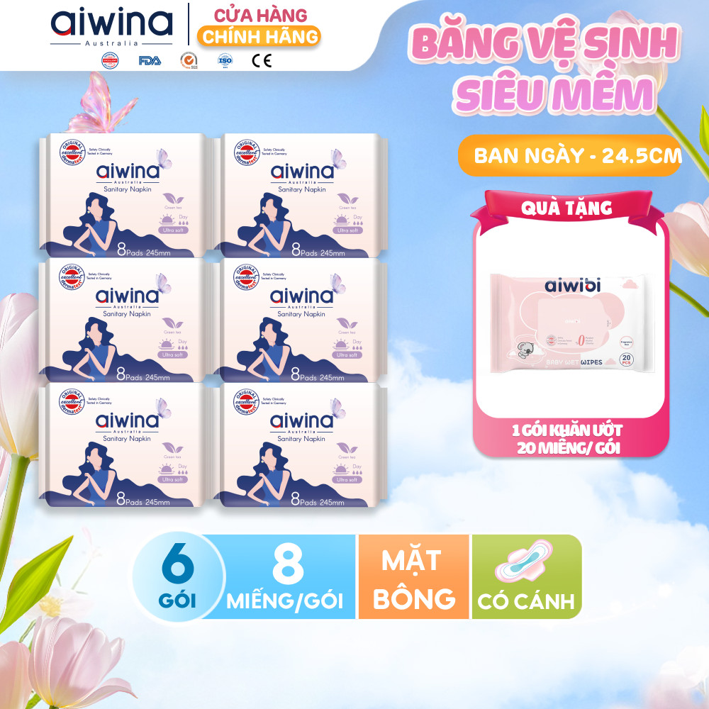Combo 6 Băng vệ sinh Aiwina siêu mềm ban ngày 24.5cm gói 8 miếng