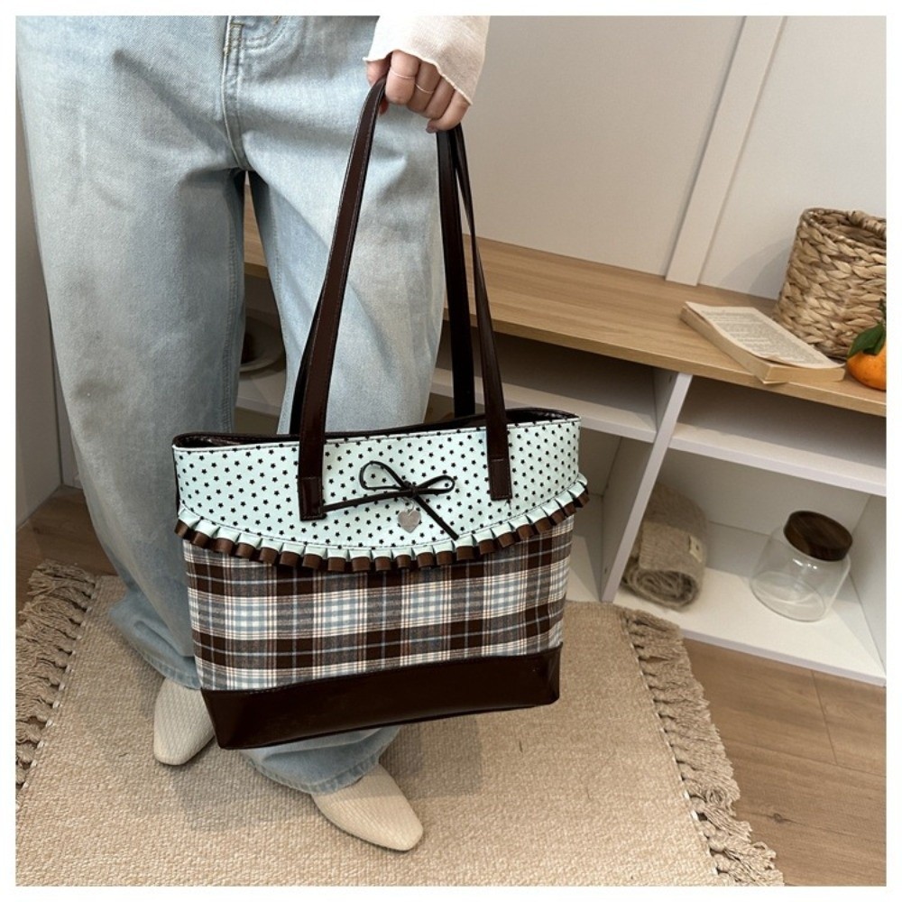 Túi tote to vải Canvas kẻ sọc ren, chắp vá chấm bi dung tích lớn, xanh lá cây cổ điển, đeo nách