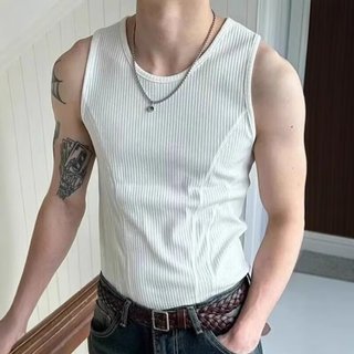 Nam Slim Thread Dọc Sọc Không Tay Áo Thể Thao Mùa Hè Co Giãn Khâu Cổ Tròn