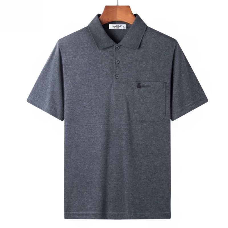Áo thun ngắn tay cotton nguyên chất mùa hè dành cho nam, áo polo dành cho nam trung niên và người già, dáng rộng vừa vặn với cổ áo và túi EJ2K