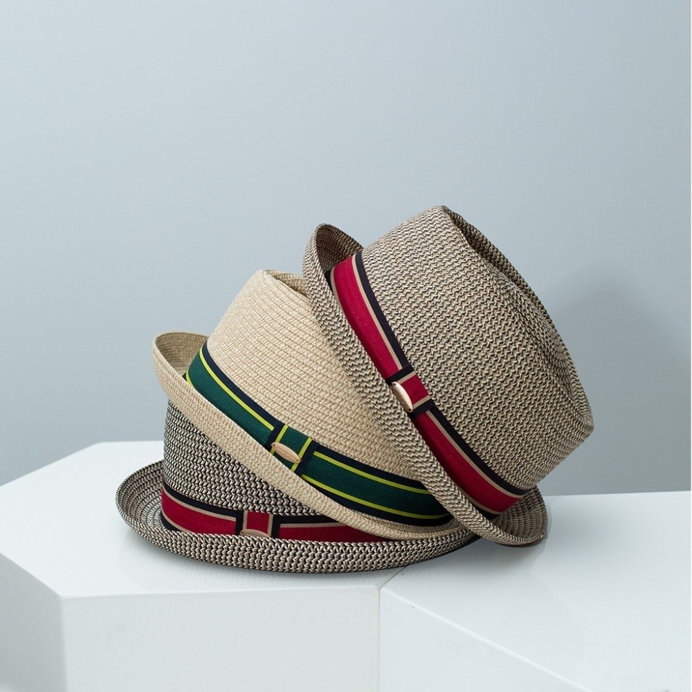 FEDAOG Nam Mùa Hè Ống Hút Fedora, Mũ Du Lịch Cuba Thoáng Khí Mũ Rơm Trilby Anh, Mũ Chống Nắng Đi Biển Dệt Tay Cổ Điển Hợp Thời Trang