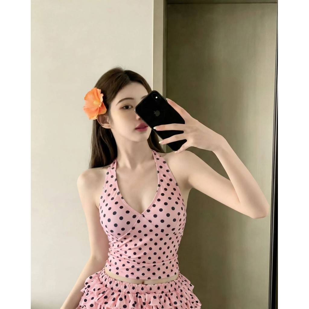 Lãng Mạn Pháp Ngọt Chấm Bi Chia Đồ Bơi Ba Mảnh Xù Gạc Váy Kỳ Nghỉ Nóng Mùa Xuân Đồ Bơi Nữ