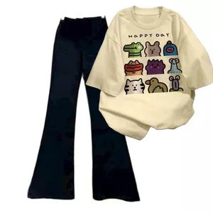 Bộ quần ống loe dài + và áo phông unisex chữ HAPPY DAY -CHANG3158