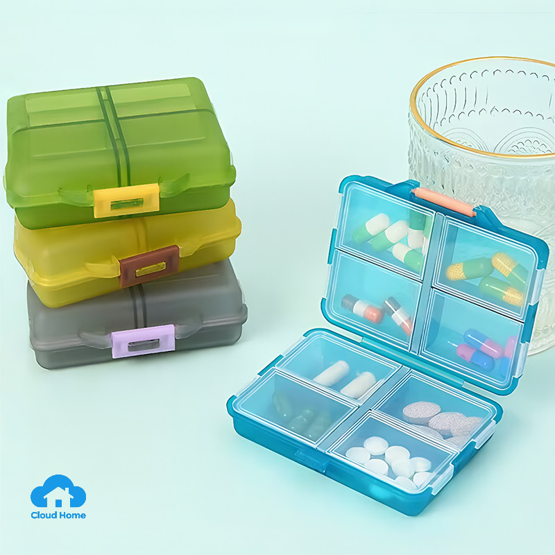 🌤️COD🌤️Hộp đựng thuốc hai mặt 8 ngăn di động, chống thấm nước, có nhiều ngăn riêng biệt.