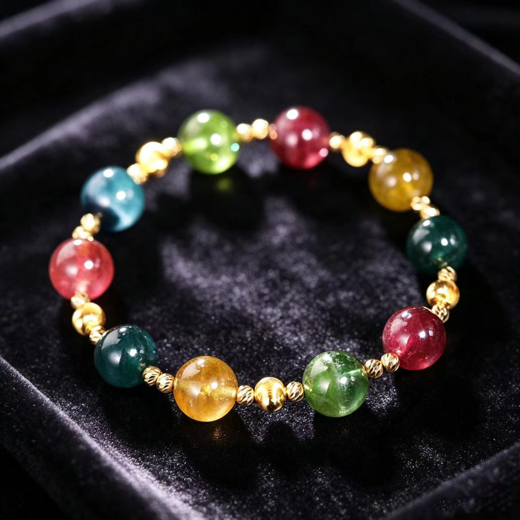 Thạch Anh Nhiều Màu Sắc Tourmaline Vòng Tay Nữ Retro Văn Học Đính Hạt Vòng Tay Thiết Kế Niche Lễ Hội
