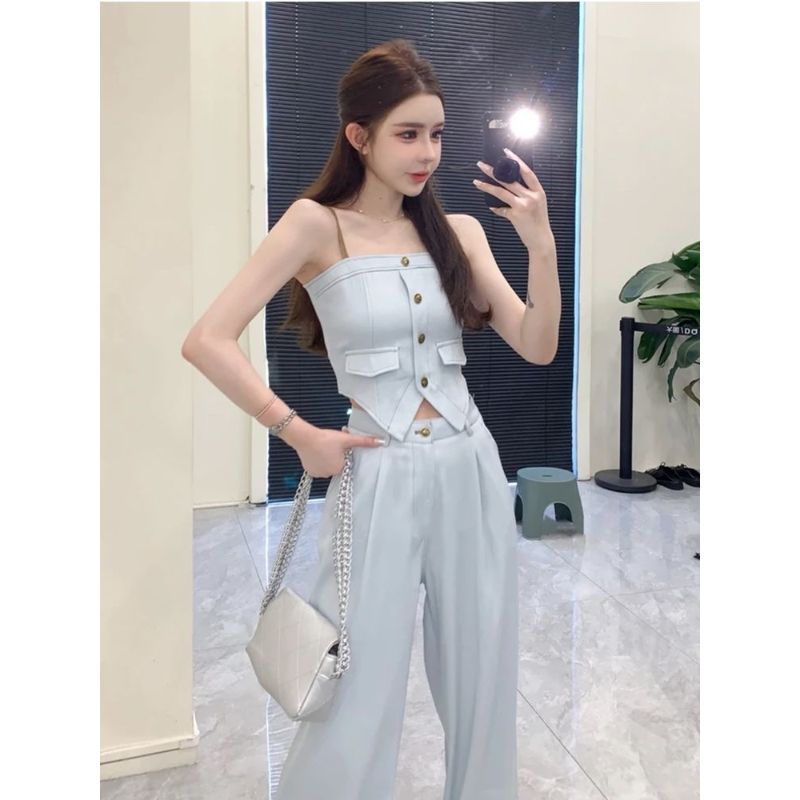 [Seckill trong thời gian có hạn] Bộ đồ hai mảnh màu xanh nhạt Phiên bản Hàn Quốc Slimer Cao cấp trông sang trọng hơn Áo Vest nữ eo cao rộng