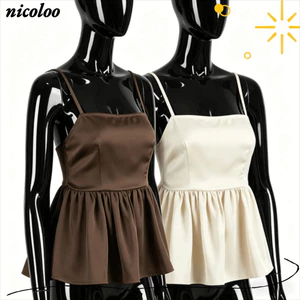 Áo ba lỗ Satin dành cho nữ NICOLOO, Áo ba lỗ bằng vải satin mềm mại phong cách nữ, Áo ba lỗ thanh lịch Peplum có thể điều chỉnh Dây đeo không tay hàng đầu Trang phục mùa hè