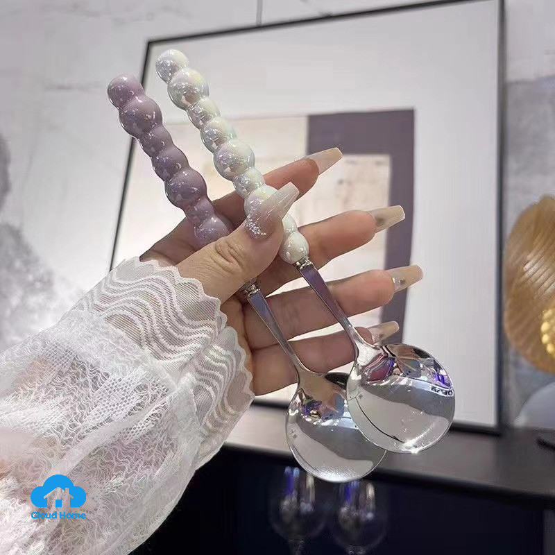 🌤️COD🌤️Thìa Inox Ăn Cơm Tay Cầm Ngọc Trai Nhiều Màu, Muỗng Ăn Cháo Súp Inox Không Rỉ,Cao cấp,Loại dày Cán Dài