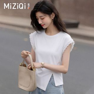 【MIZIQI】 Áo thun ngắn tay màu trơn eo hẹp dành cho nữ, cổ tròn Agaric Edge tay bay nhỏ chia tay