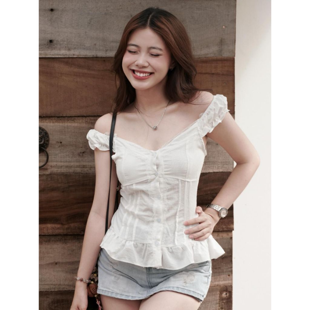 Áo Babydoll Kiểu Xinh Nữ Vạt Xòe Phối Cúc Bọc Vải Mùa Hè clothing M534 - SamHi Closet