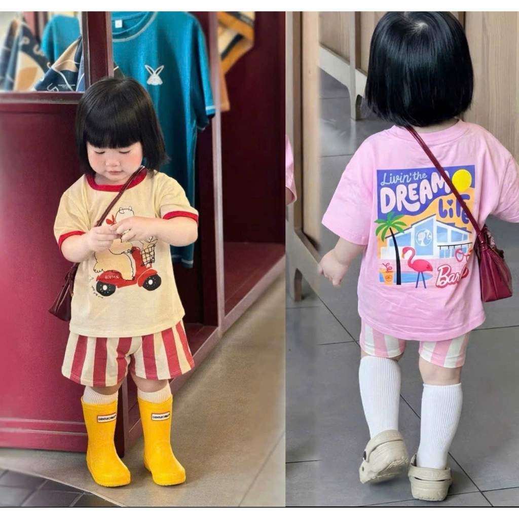 Sét Bé Gái HỌA TIẾT GẤU BÃI BIỂN QC69 K.Kid Bộ Mùa Hè Chất Cotton Mềm Mát Size 8-20kg M88