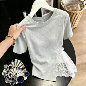 Áo thun ngắn tay khâu ren không đều dành cho nữ Mùa hè Thiết kế phong cách mới Niche eo hẹp thon gọn hơn Phong cách Hàn Quốc Tất cả @