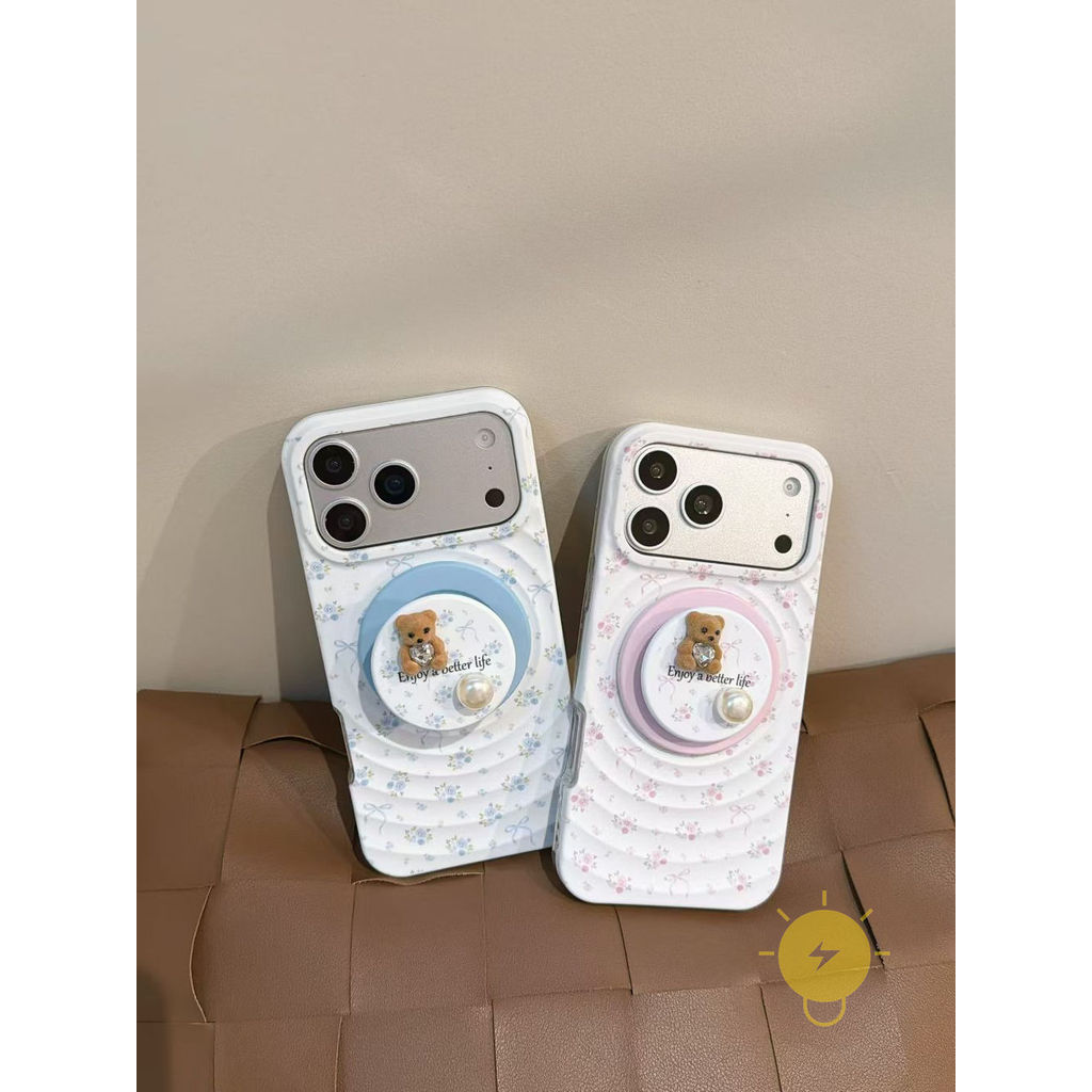 Phone Case For iPhone 17 Pro Max 16 15 14 13 with Griptok TPU Magnetic Blue with Griptok Mini Flower Aesthetic Korean Cute