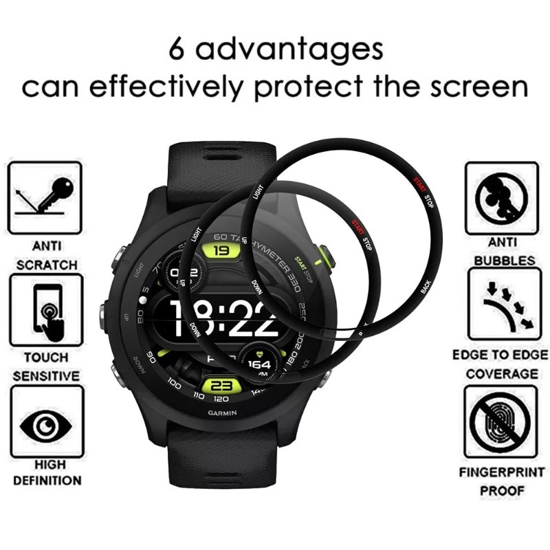 2-10 Chiếc Bảo Vệ Màn Hình Cho Garmin Forerunner 570 970 965 955 945 45S HD Kính Cường Lực Cho Garmin Forerunner 265S 265 255 255M 255 245M 165 158 Phim Kính Viền Đen Cong