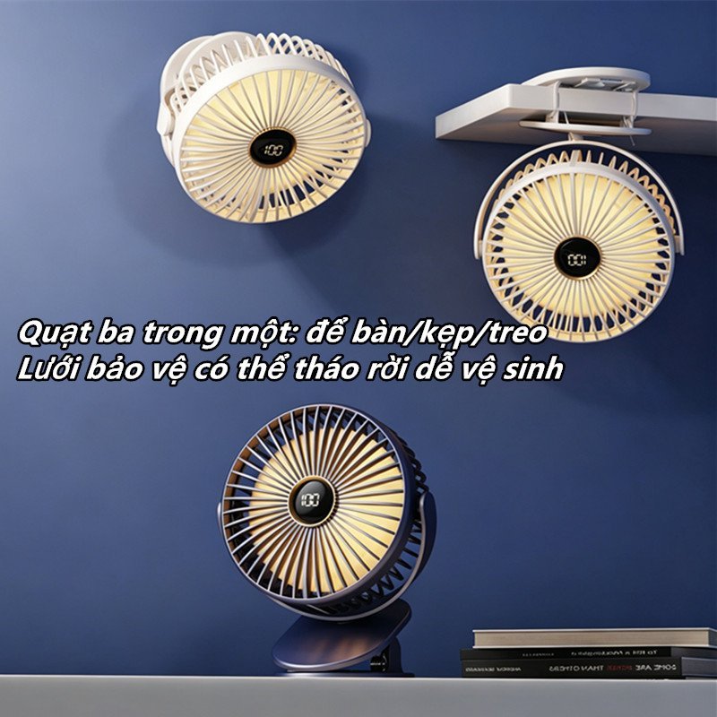 quạt tích điện mini xoay 360 độ 5 cấp gió không tiếng ồn pin lâu đèn ngủ phòng ngủ văn phòng