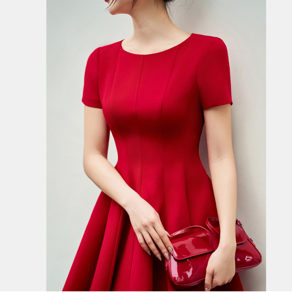 Đầm ngắn nữ ELLA DORA dáng xòe cổ tròn thiết kế thanh lịch tinh tế hai màu ĐỎ/GHI [D208]