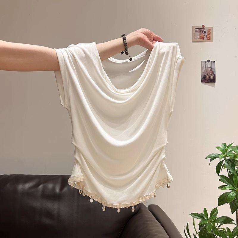 [Giảm giá trong thời gian có hạn] Áo thun ngắn tay hở xương đòn Pure Desire dành cho nữ Mùa hè 2026 Phong cách mới Thiết kế khâu ren dáng rộng hàng đầu