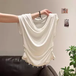 Áo thun ngắn tay hở xương đòn Pure Desire dành cho nữ Mùa hè 2026 Phong cách mới Thiết kế khâu ren dáng rộng hàng đầu