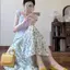 Bộ đồ hai mảnh nữ dáng ôm, edge top nấm và váy hoa, phù hợp mùa hè