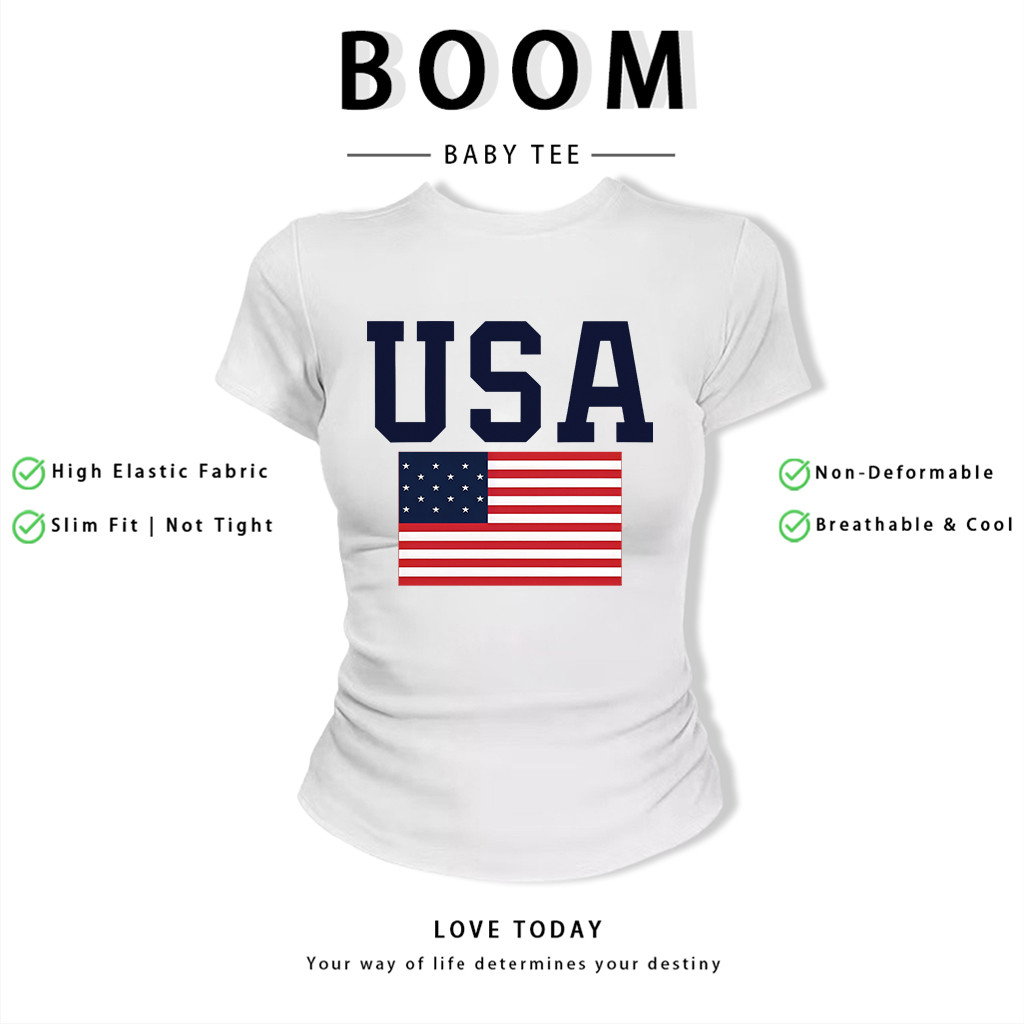 BOOM Áo Baby Tee Nữ Cotton Ôm Body-Áo Thun Ngắn Tay Y2K In Hình PhongCách Mùa Hè, Cổ Tròn Hàng Đầucách hàn quốc phongR36