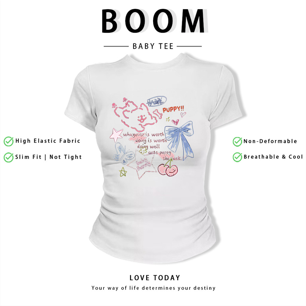 BOOM Áo Baby Tee Nữ Cotton Ôm Body-Áo Thun Ngắn Tay Y2K In Hình PhongCách Mùa Hè, Cổ Tròn Hàng Đầucách hàn quốc phongR38